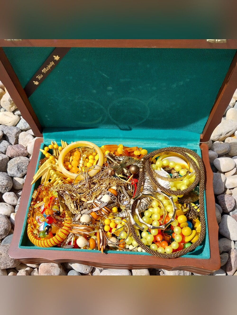 Vintage Jewelry Box Filled with Yellow & Amber Jewelry